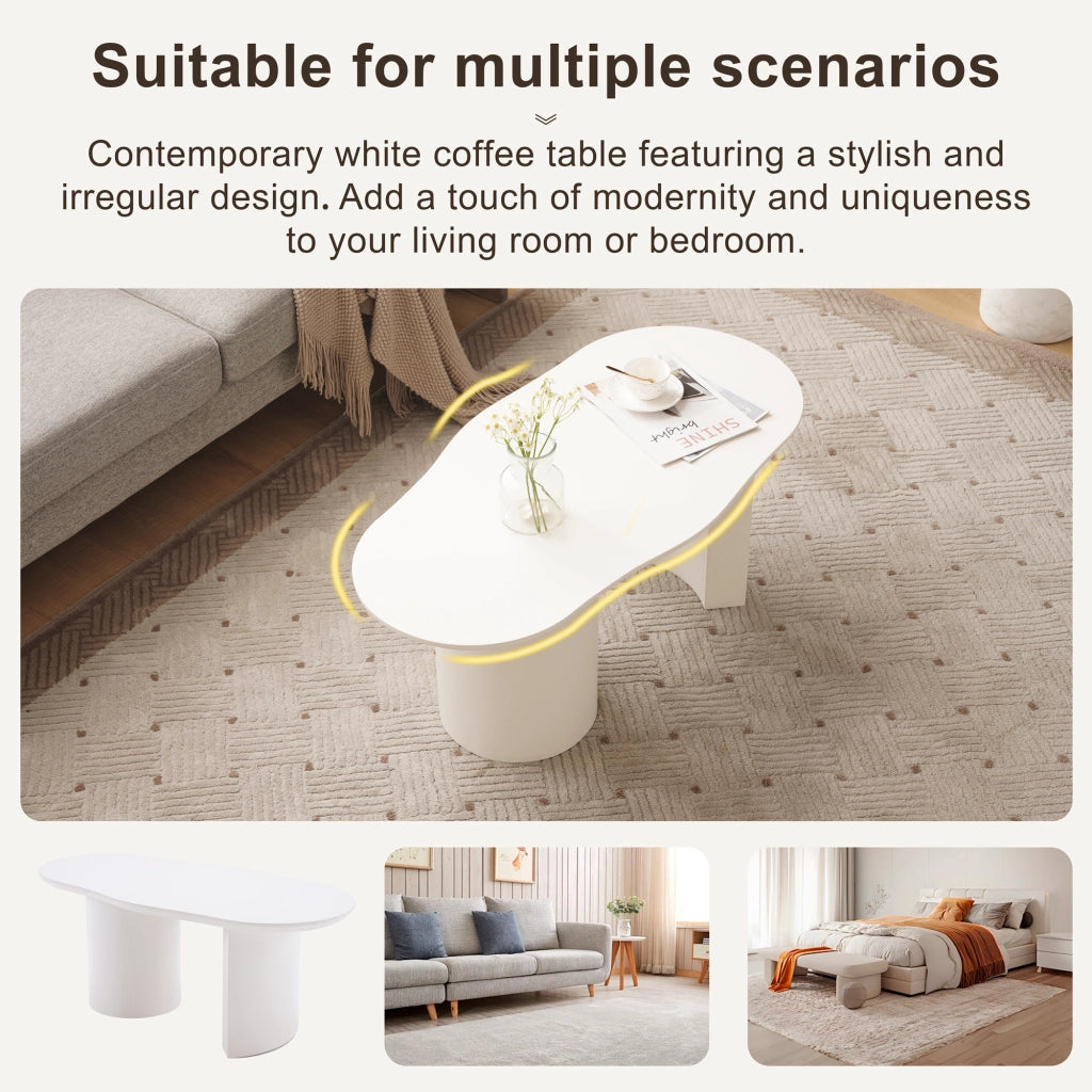 Tavolino basso in MDF laccato bianco con piano irregolare, struttura stabile, per soggiorno, 100 × 40-50 × 40.5 cm