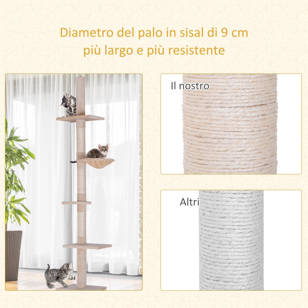 Tiragraffi per Gatto a Soffitto con Amaca ¨C Minimal ¨C 40x34x230-260cm Beige