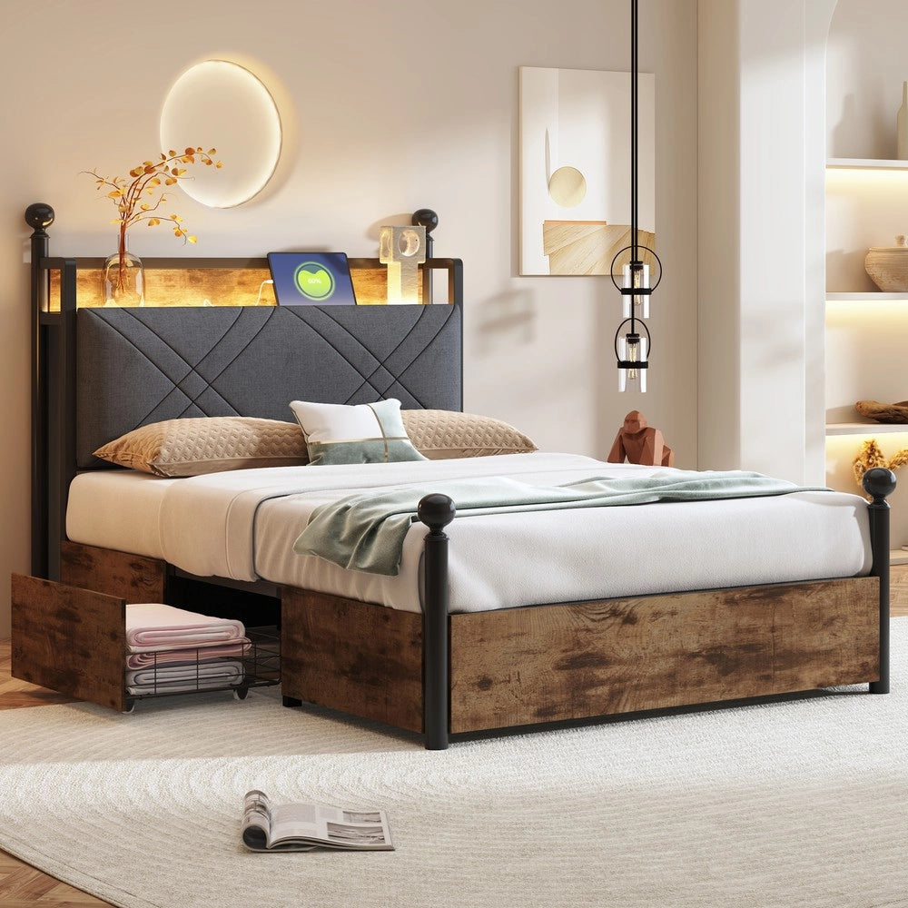 Letto Singolo con Baldacchino, Cassetti e LED ¨C MINIMAL ¨C 90x190, Ferro, con USB
