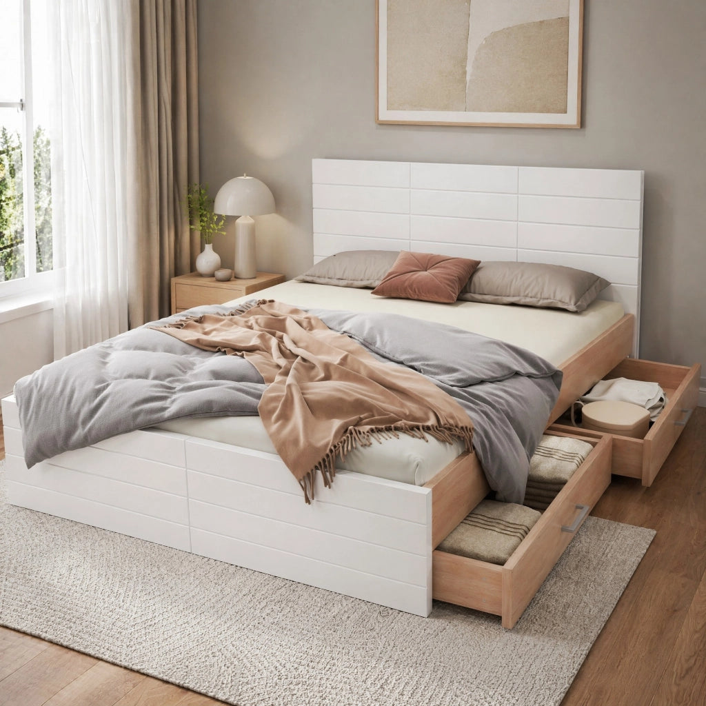 LETTO matrimoniale 140x200 cm con 2 cassetti, bianco e quercia