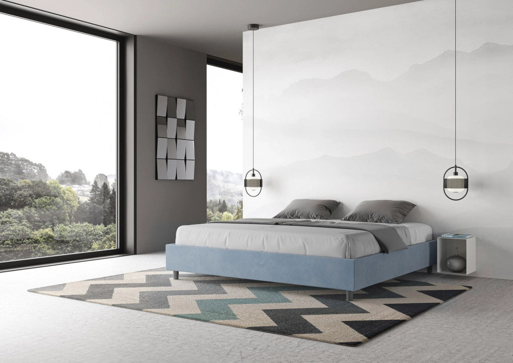BS COM Letto matrimoniale king size contenitore imbottito 200x200 microfibra azzurro
