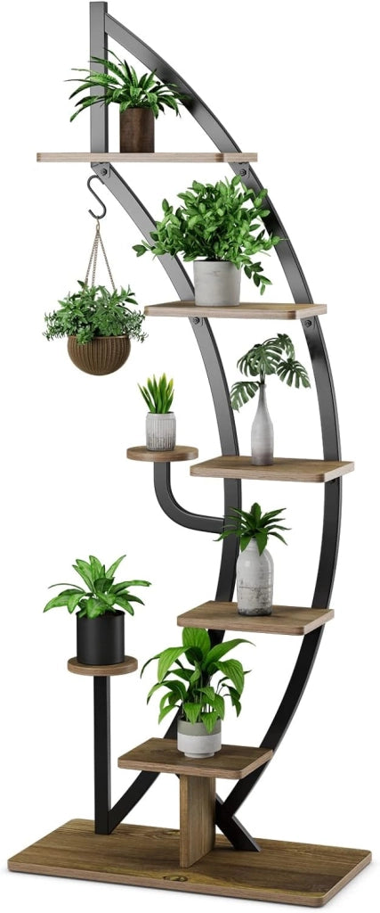 Scaffale per Piante a 7 Livelli, Scaffale a Forma di Mezza Luna con Gancio e Dispositivo Antiribaltamento, Porta Piante e Fiori per Interno, Balcone e Soggiorno, 60 x 30 x 155 cm (1 PEZZO)