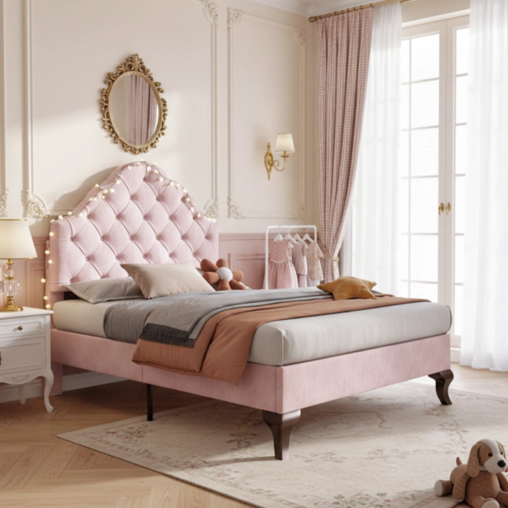 LETTO Imbottito 90x200 cm in velluto rosa con testiera regolabile
