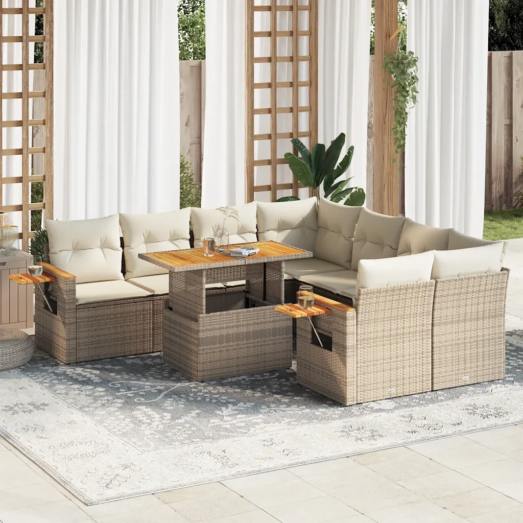 Set Divano da Giardino 9 pz con Cuscini Beige Polyrattan Acacia 3327579