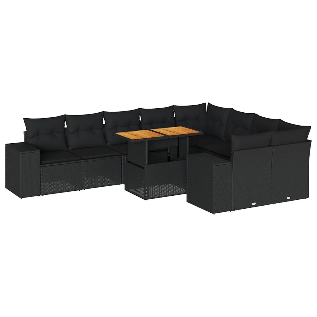 Set Divani Giardino 10pz con Cuscini Nero in Polyrattan Acacia 3327415