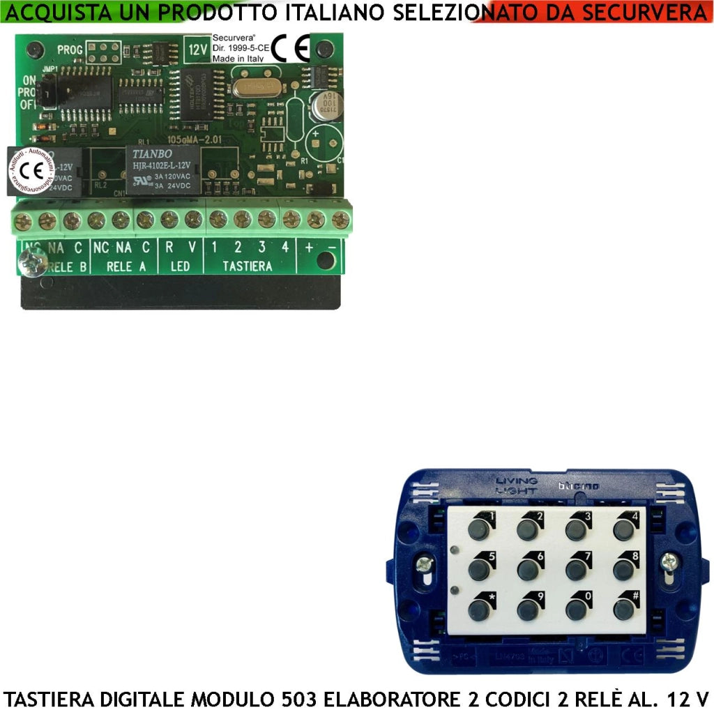 Tastiera Digitale Elettronica Interna Modulo 503 Kit Elaboratore Remoto Gestisce 2 Attivazioni Alimentazione 12 V Codici DTMF 6 Cifre 2 Led e 2 Relè Con Funzioni Programmabili Protezine IP44 Apriporta