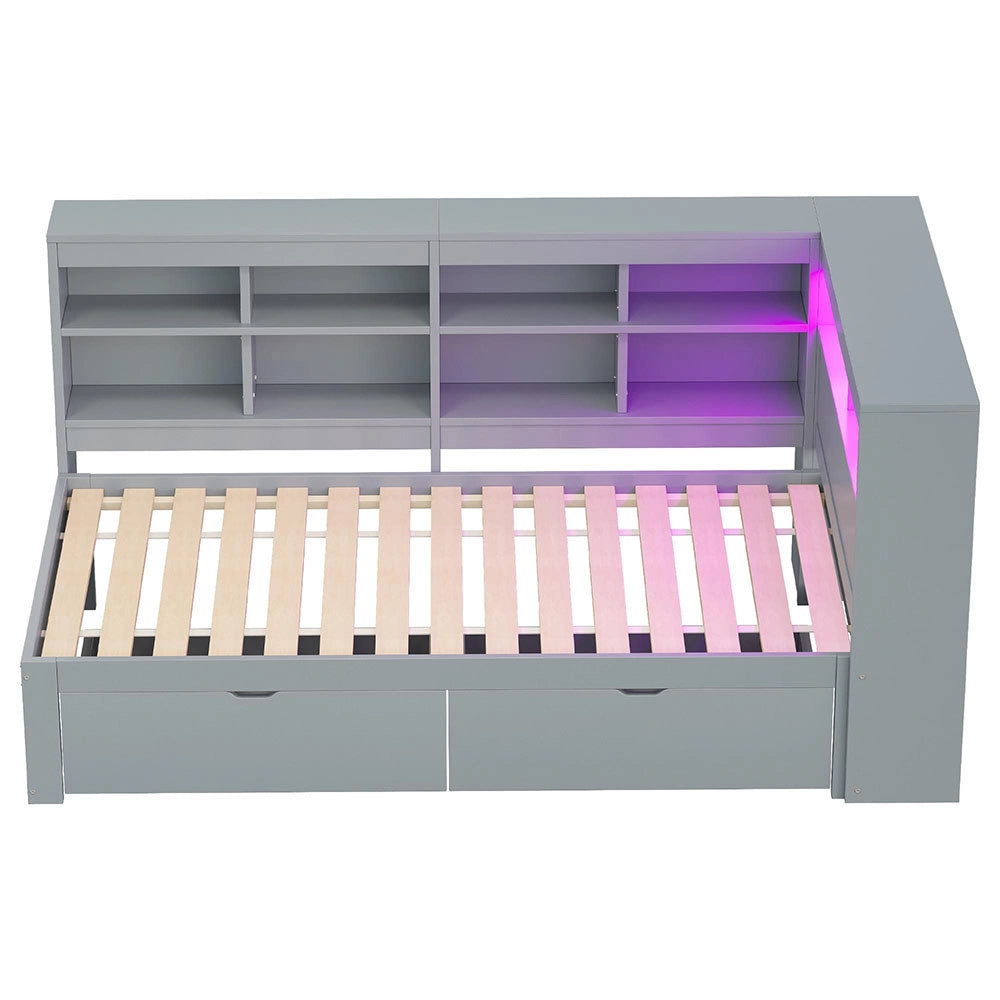 Divano letto legno 90x200cm - Xylo - grigio, USB/LED, ripiani, spazio