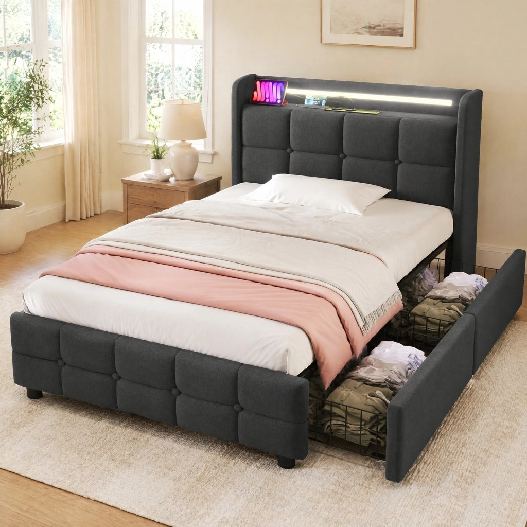 LETTO Singolo 90x200 cm Grigio con USB, LED e 2 cassetti