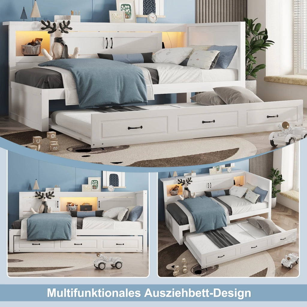 LETTO Divano letto estraibile 90x200 cm Bianco con LED, prese e USB