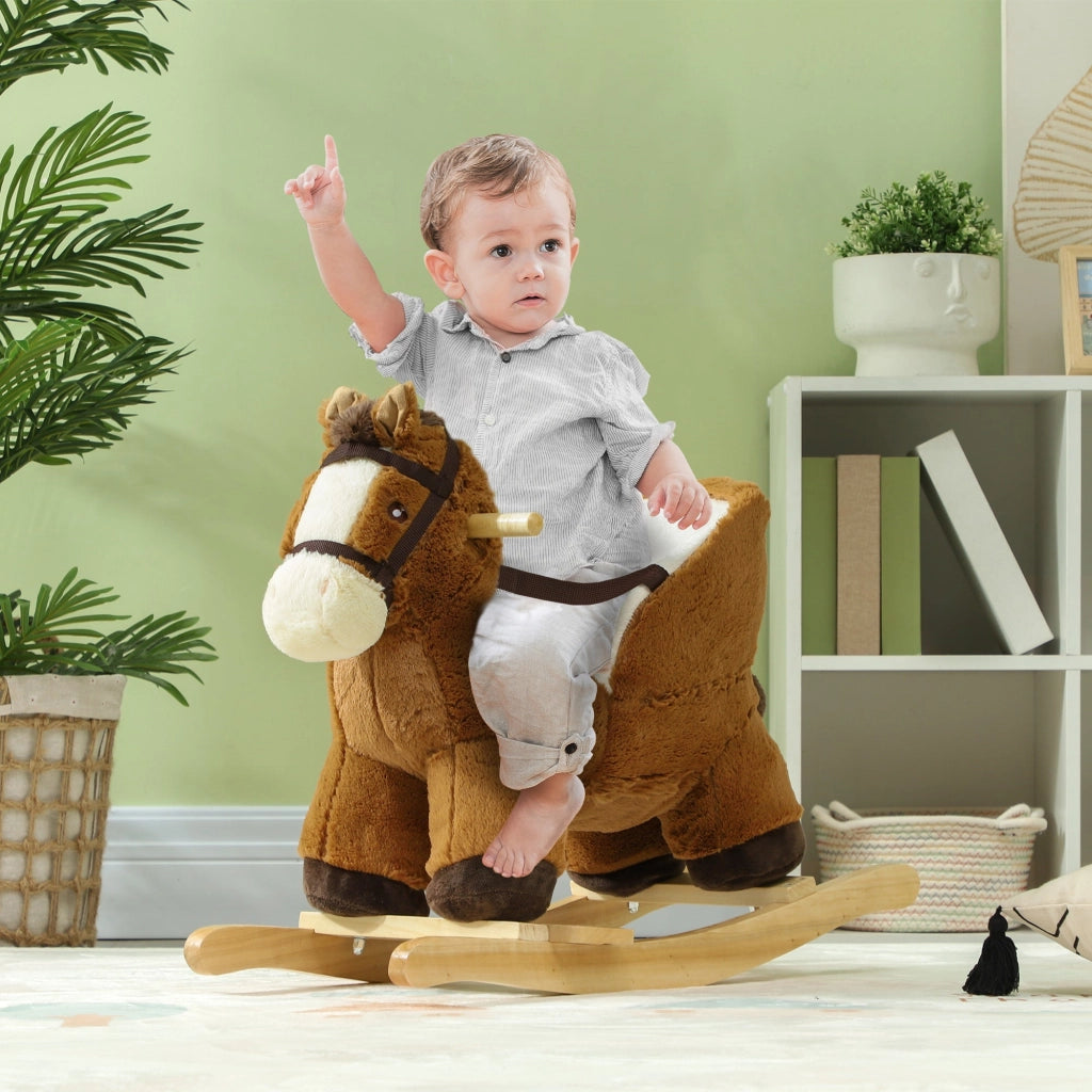 Cavallo a Dondolo per Bambini in Legno e Peluche Cavallo Marrone