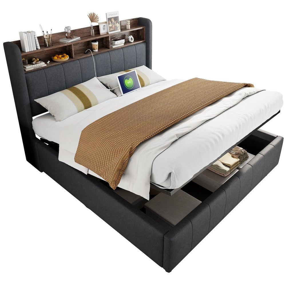 Letto Imbottito Contenitore con LED e USB ¨C MINIMAL ¨C Tessuto Grigio 160x200
