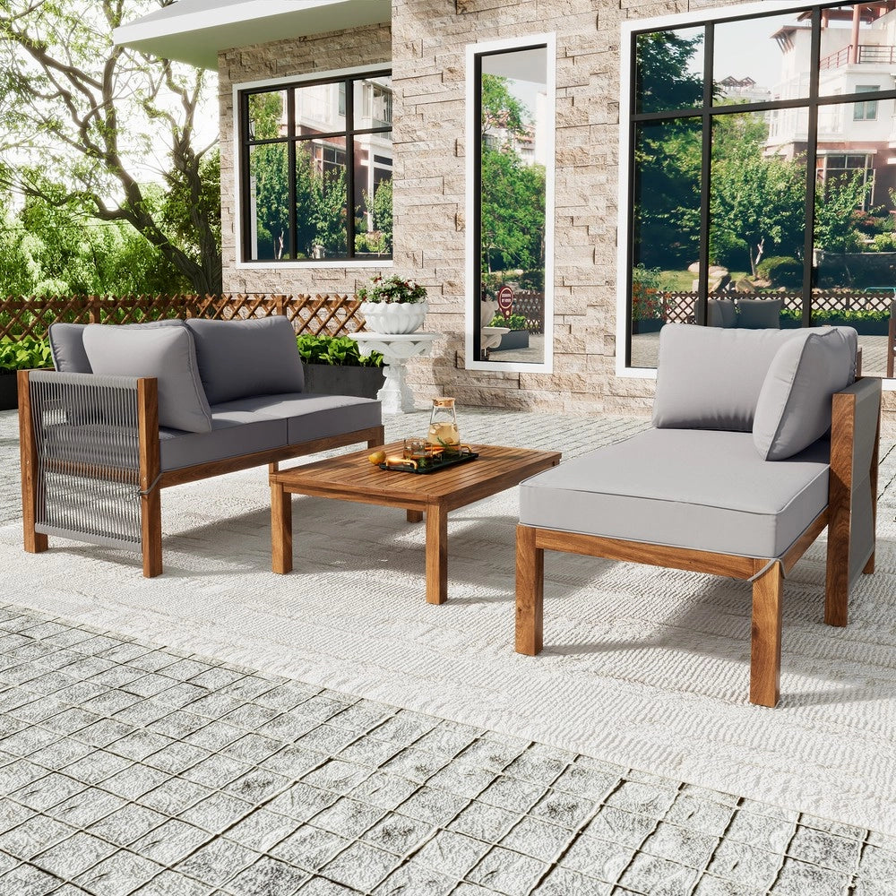 Set da giardino lounge (3 pezzi) - Zephmum- Cornice in acacia, braccioli in corda grigi, gambe regolabili