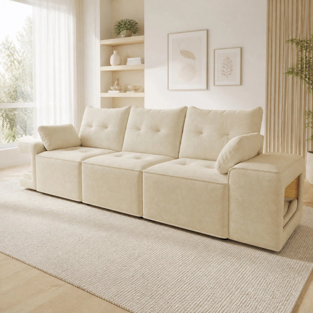Divano modulare a 3 posti in velluto beige con contenitore; 229;5 cm; con 2 cuscini