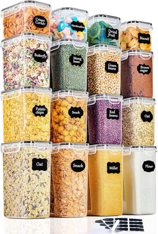 Set di contenitori a chiusura ermetica per la cucina - Organizzatore di cucina - Set da 16 pezzi - Plastica - Diversi formati