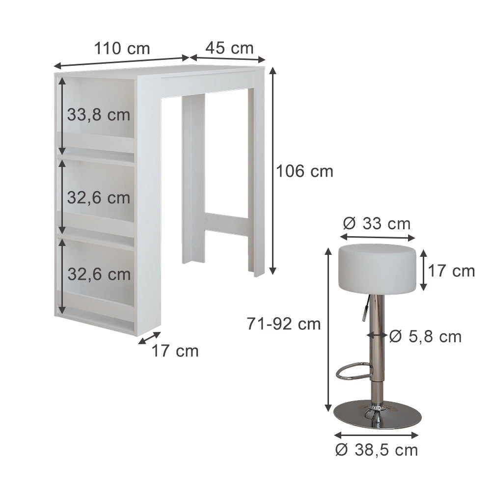 Vicco tavolo bar con sgabelli Bianco 45 x 110 cm con 2 sgabelli da bar