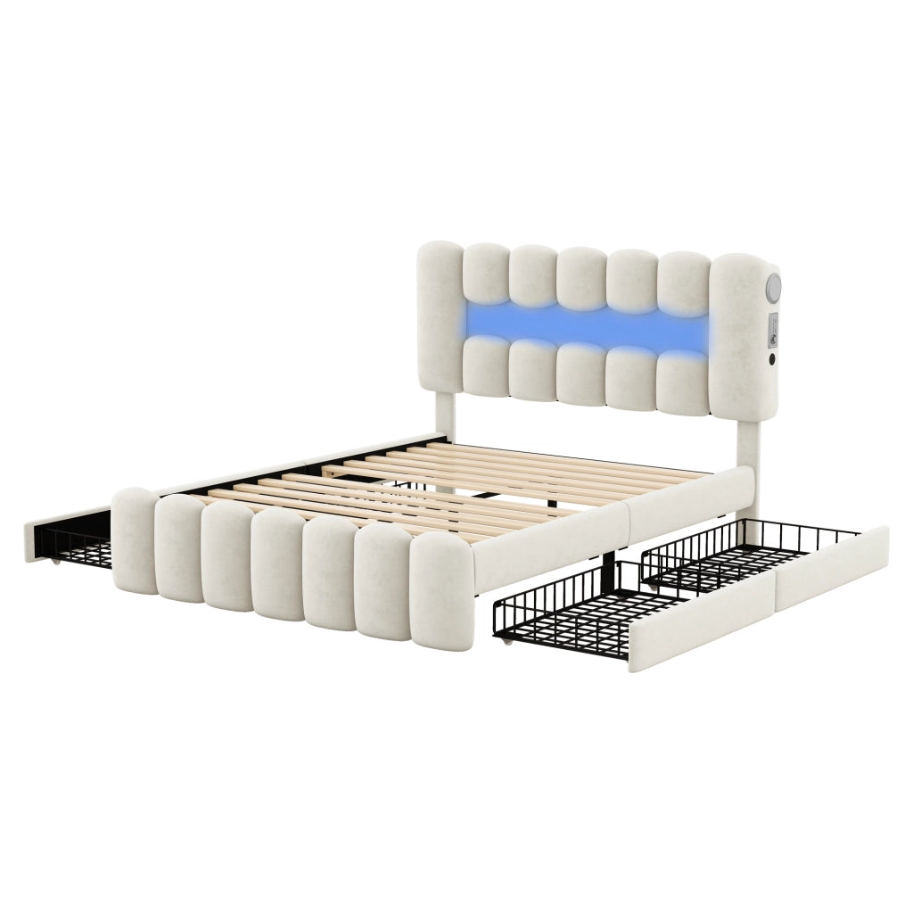 Letto Imbottito con Cassetti e LED ¨C MINIMAL ¨C Velluto Beige 160x200