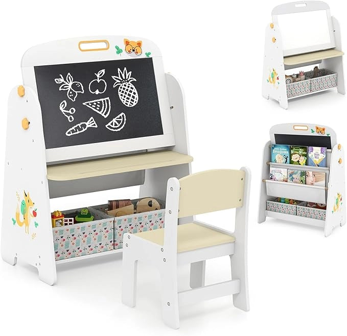 Set Tavolo e Sedia per Bambini, Lavagnetta Cancellabile Bambini con Sedia, Scaffale, 2 Contenitori in Tessuto, Gomma e Gessetti, Tavolino per Cameretta (Naturale)