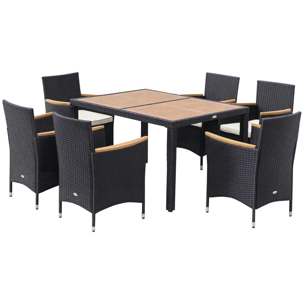 Set Tavolo e Sedie da Giardino 7 Pezzi in Polyrattan e Legno con Cuscini ¨C Minimal ¨C Nero