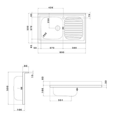 Lavello appoggio in acciaio inox 80 cm gocciolatoio DX  - Cromo