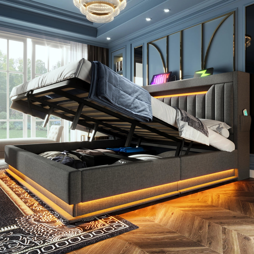 LETTO imbottito 140x200 cm lino grigio con LED, USB e vano contenitore