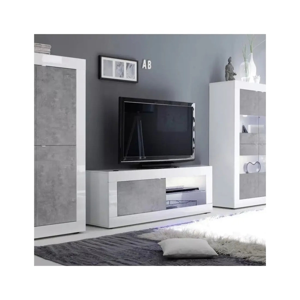 Mobile TV 1 porta, collezione ISORA, colori bianco lucido laccato e grigio effetto cemento