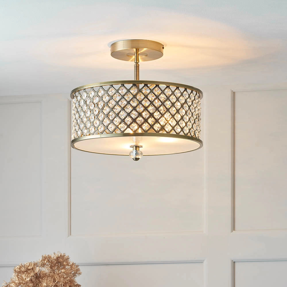 Plafoniera Hudson Endon ottone anticato cristalli tonda 3xE27