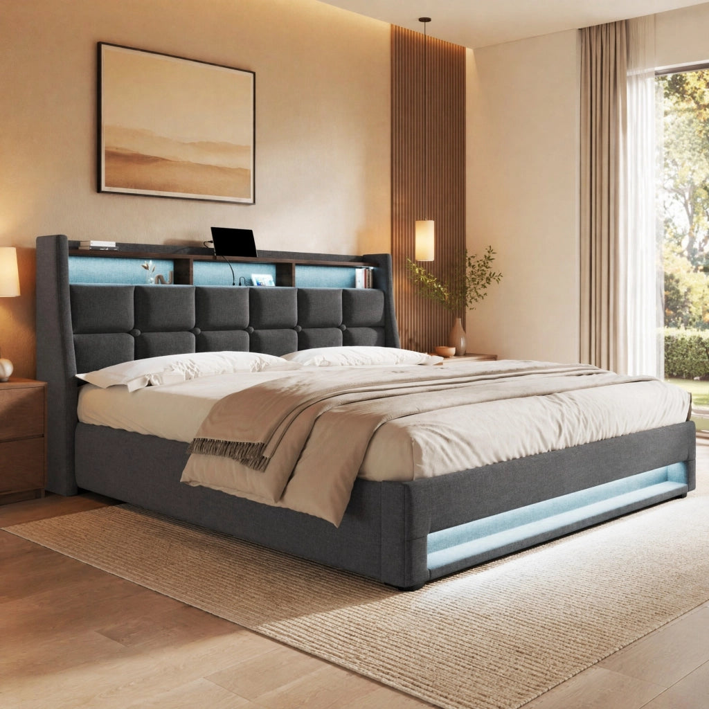 LETTO Imbottito 160x200 cm Grigio con USB e LED, senza materasso