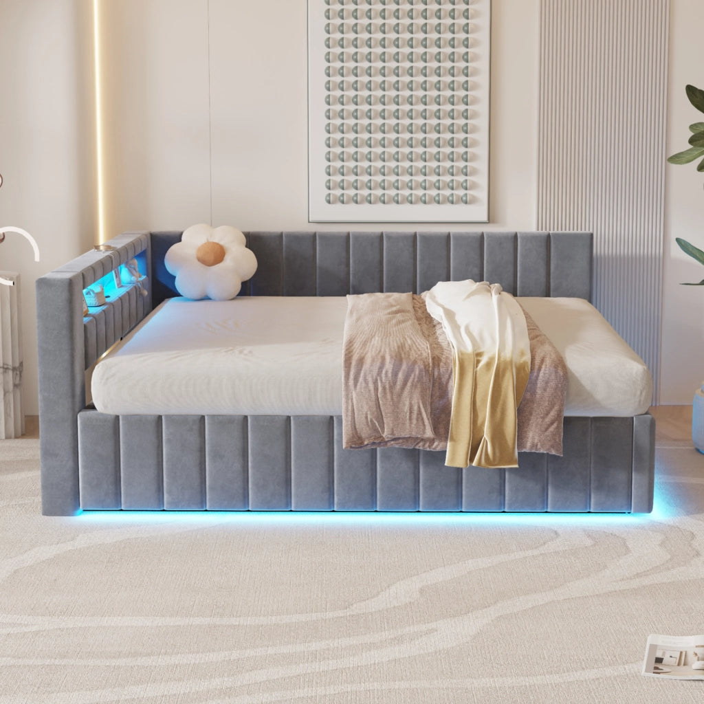 LETTO Contenitore 140x200 cm in velluto grigio con LED e USB