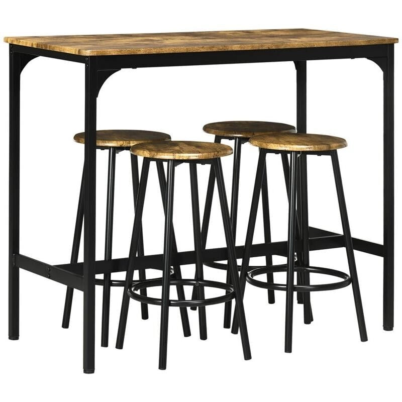 SET DA BAR 5 PEZZI CON TAVOLO ALTO E 4 SGABELLI STILE INDUSTRIALE, MARRONE E NERO