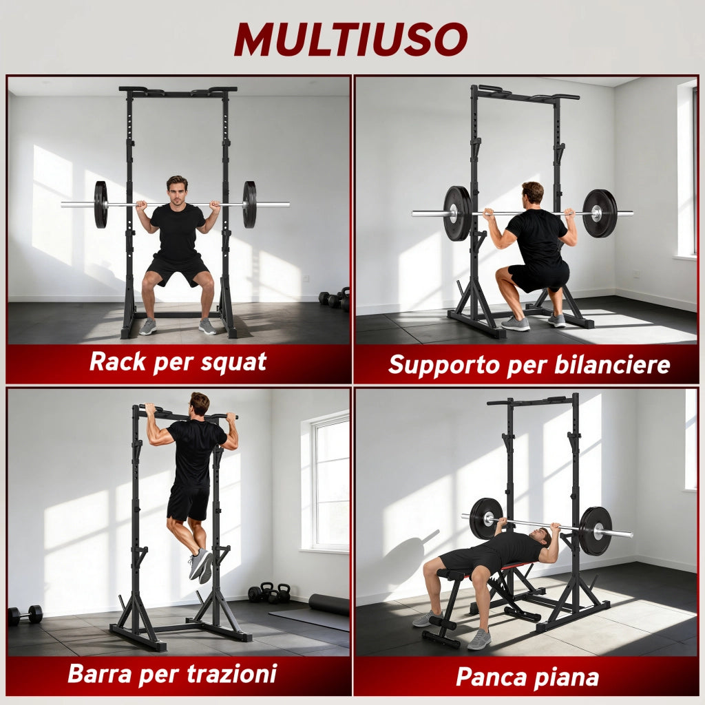 Squat Rack Regolabile con Doppio Supporto, Portadischi e Barra Trazioni ¨C Minimal ¨C Acciaio, Nero, 112-100x201-217 cm