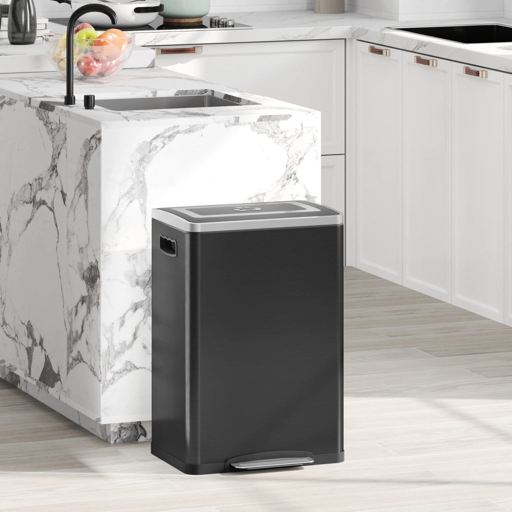 Bidone Immondizia a 2 Sezioni da 20L con Coperchio Silenzioso. in Acciaio Inox e PP. 40x34.8x59 cm. Nero