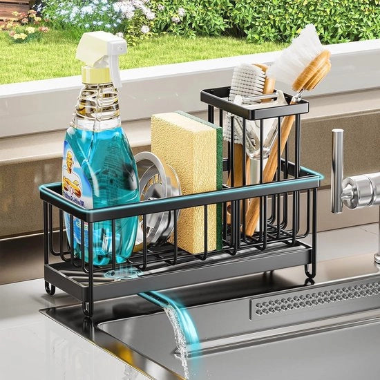 Organizzatore per utensili in acciaio inossidabile con scarico rimovibile e appoggio per spazzola - nero