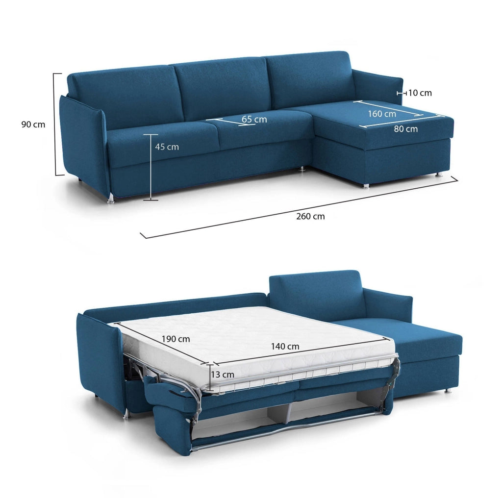 Scordia, Divano Letto con Penisola Sfoderabile Made in Italy, 260x160 cm blu
