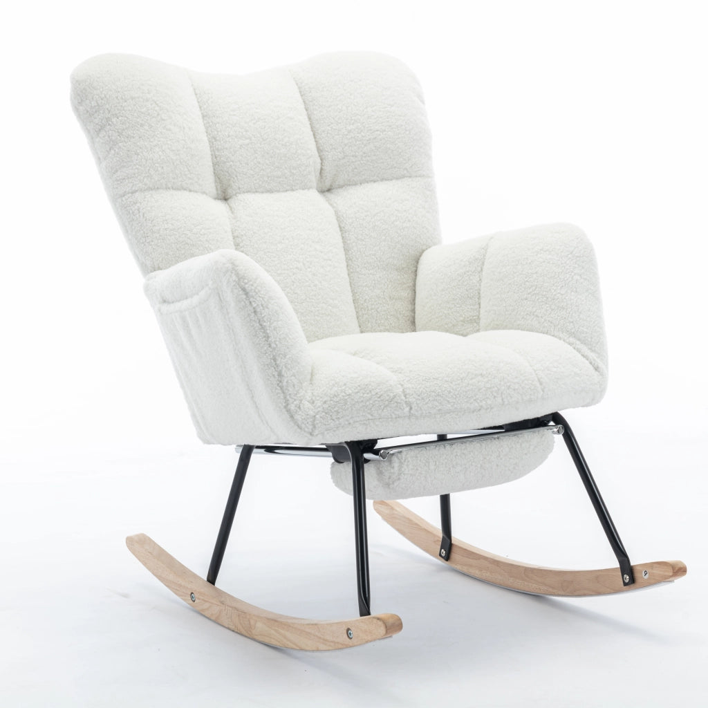 Poltrona a Dondolo Imbottita con Poggiapiedi ¨C MINIMAL ¨C Tessuto Boucl¨¦ Bianco