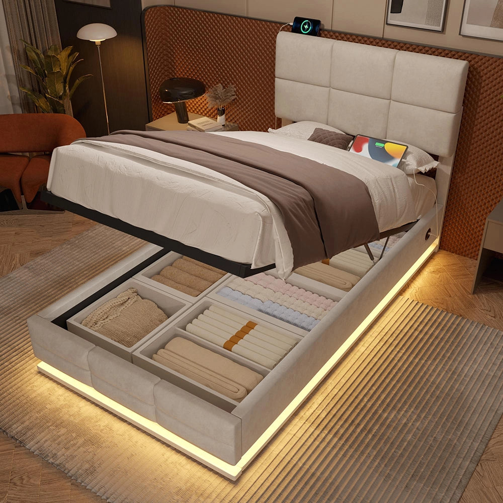 Letto 90x200cm imbottito - Xylo - velluto beige USB idraulico LED