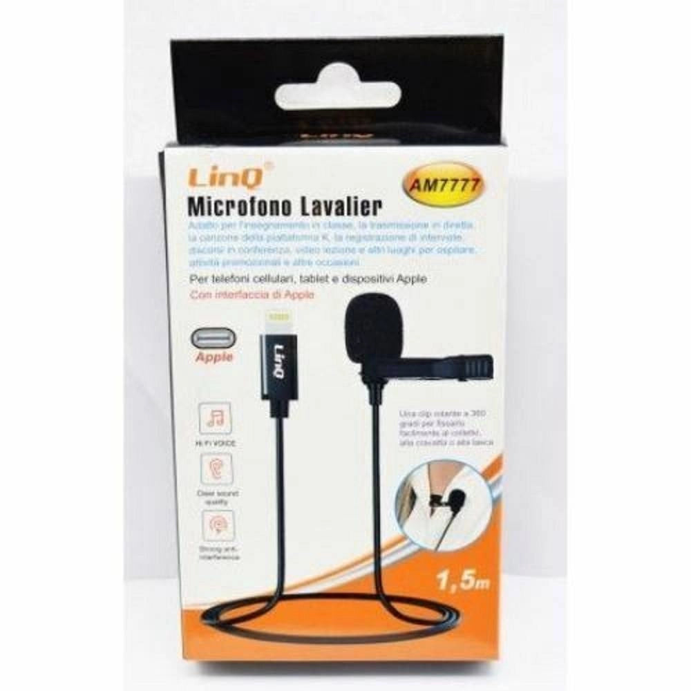 Trade Shop - Microfono Lavalier Con Clip Colletto Bavero Plug Lightning Iphone 1.5mt Am7777 -