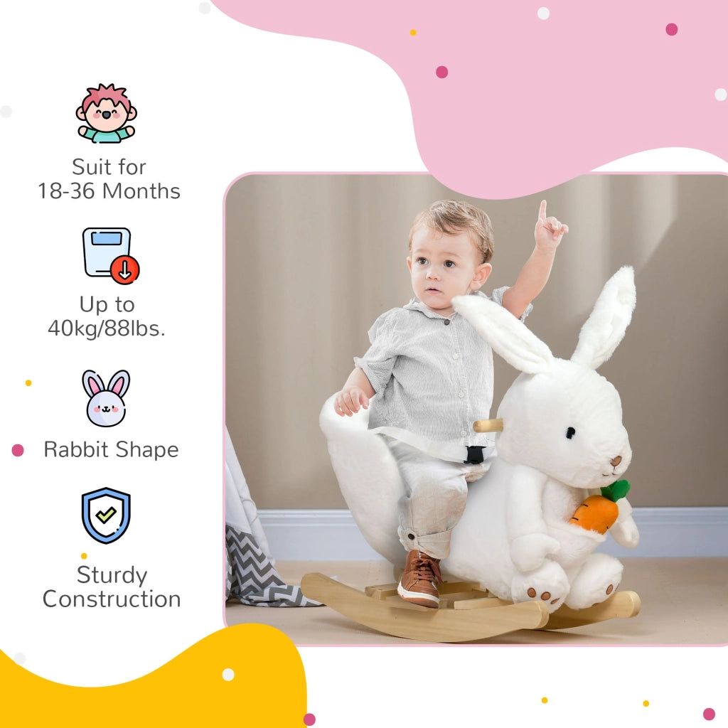 Cavallo a Dondolo per Bambini in Legno e Peluche Coniglio Bianco