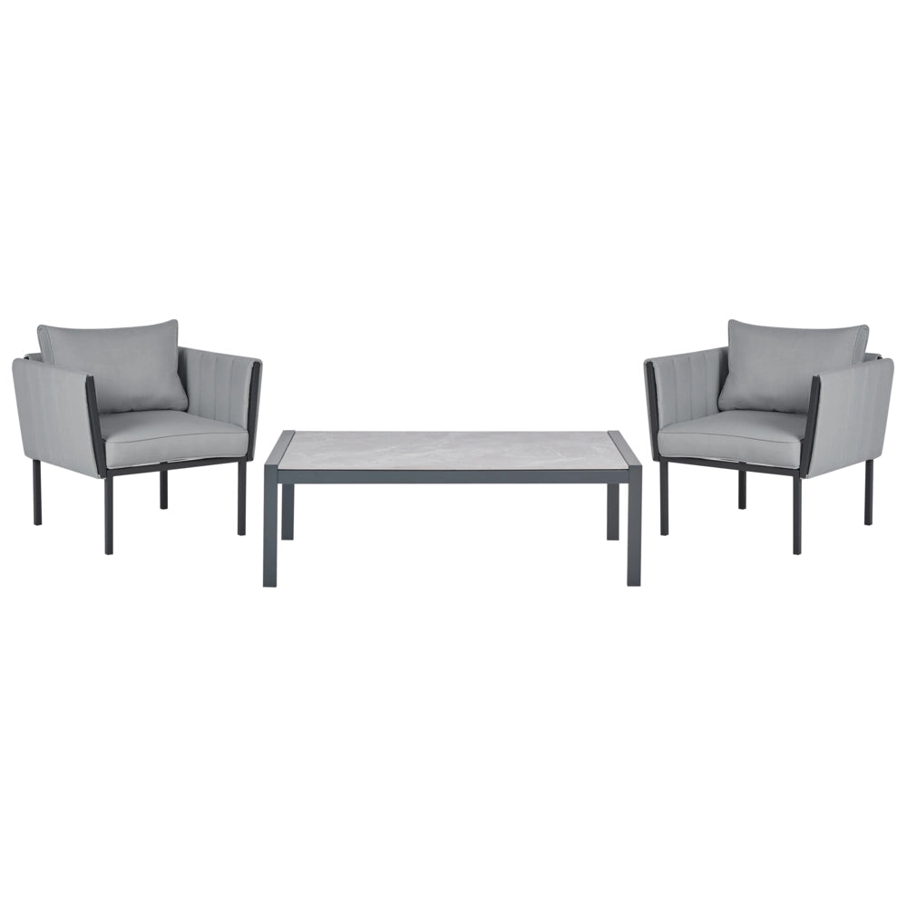 Set da giardino 5 posti con divano 2 poltrone grigio scuro in acciaio con Cuscini