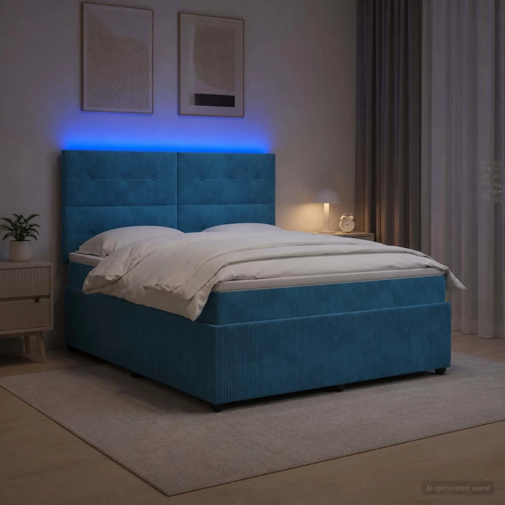 Letto Box Spring LED con Materasso Blu 160 x 200 cm Velluto 3456105