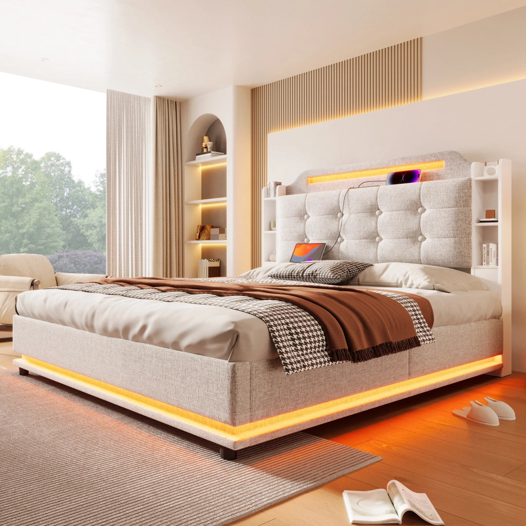 LETTO imbottito 140x200 cm in lino beige con LED e contenitore idraulico