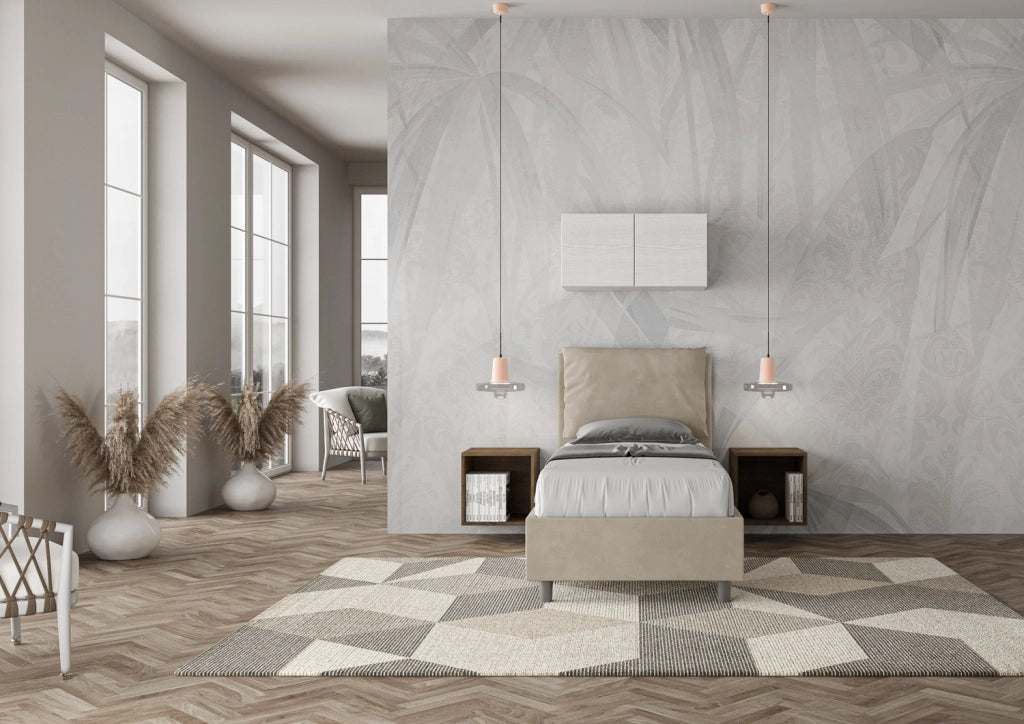 BS COM Letto singolo contenitore imbottito 90x210 microfibra sabbia