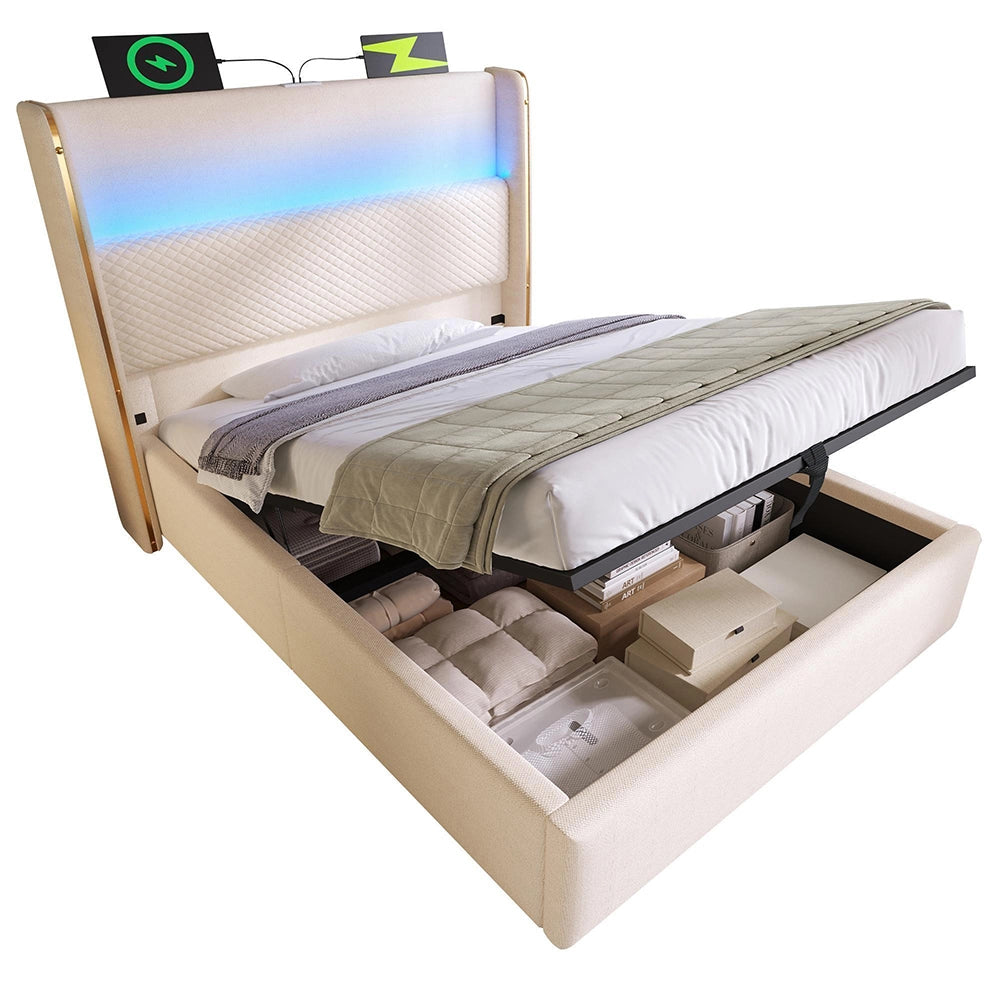 Letto 90x200cm?- Xylo - idraulico LED USB lino beige