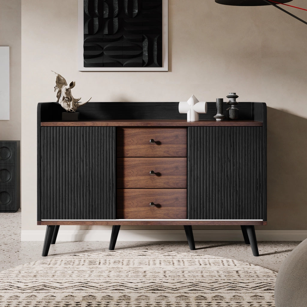 OKWISH Credenza con 2 Ante Scorrevoli e 3 Cassetti, Ripiani Regolabili, per Soggiorno o Ingresso, Nero 117,5×40×80 cm
