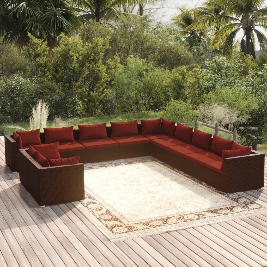 Set Divani da Giardino 11 pz con Cuscini in Polyrattan Marrone 3102531