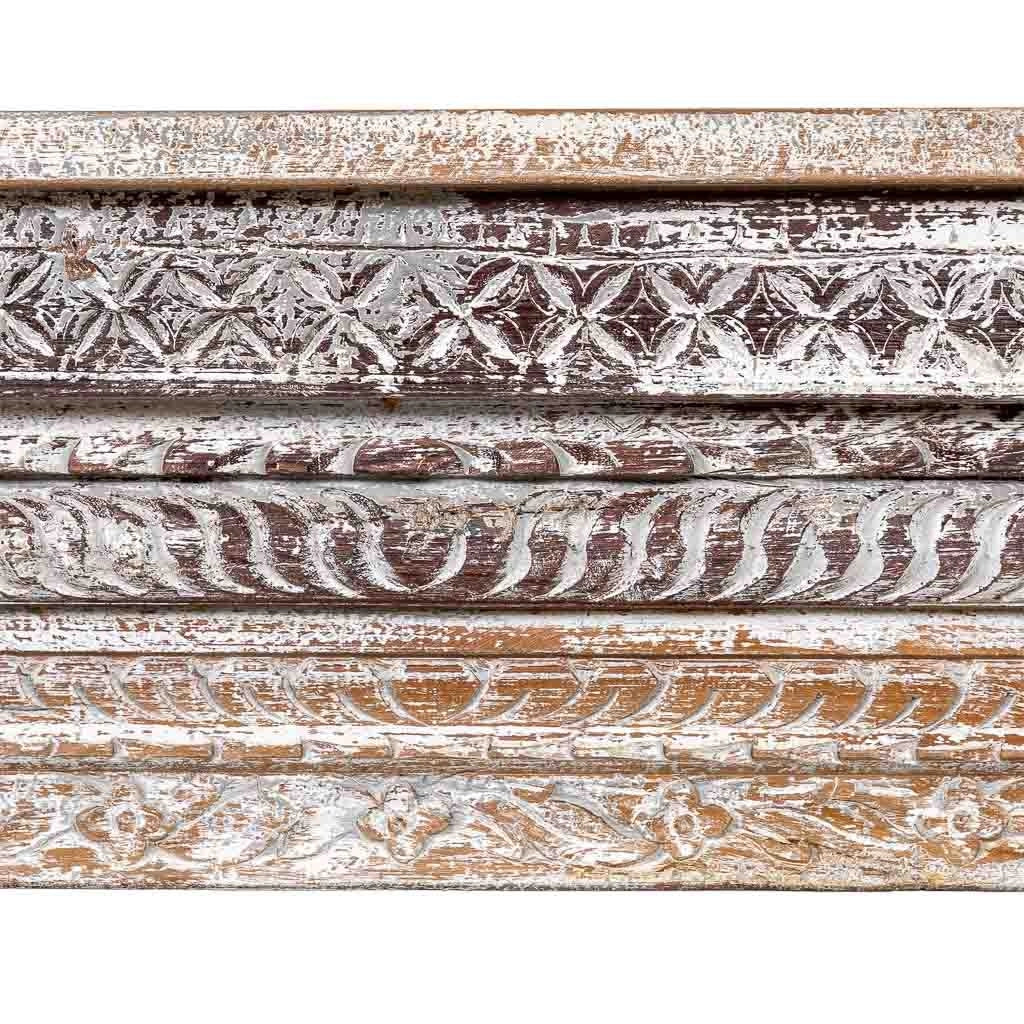 Mobile da ingresso in legno intagliato con finitura marrone invecchiato fatto a mano 160x39x86