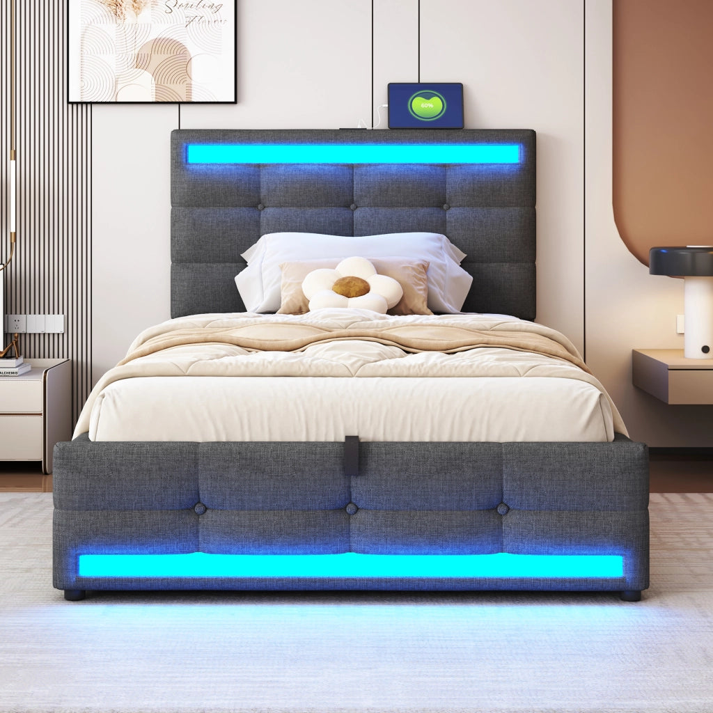 Letto Singolo Contenitore Imbottito con LED e USB ¨C MINIMAL ¨C 90x200, Grigio