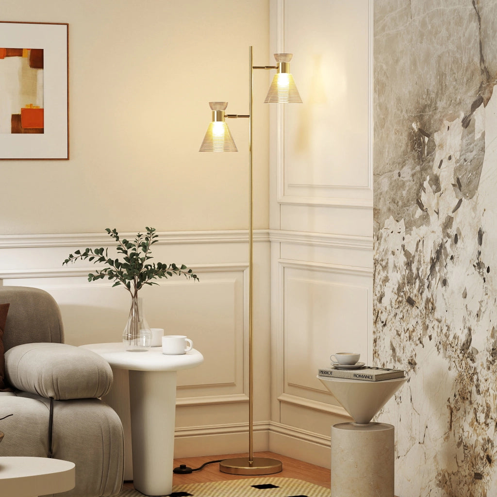 Lampada da Terra Moderna 2 Luci ¨C Xylo ¨C Oro, Teste Regolabili, Interruttore a Pedale