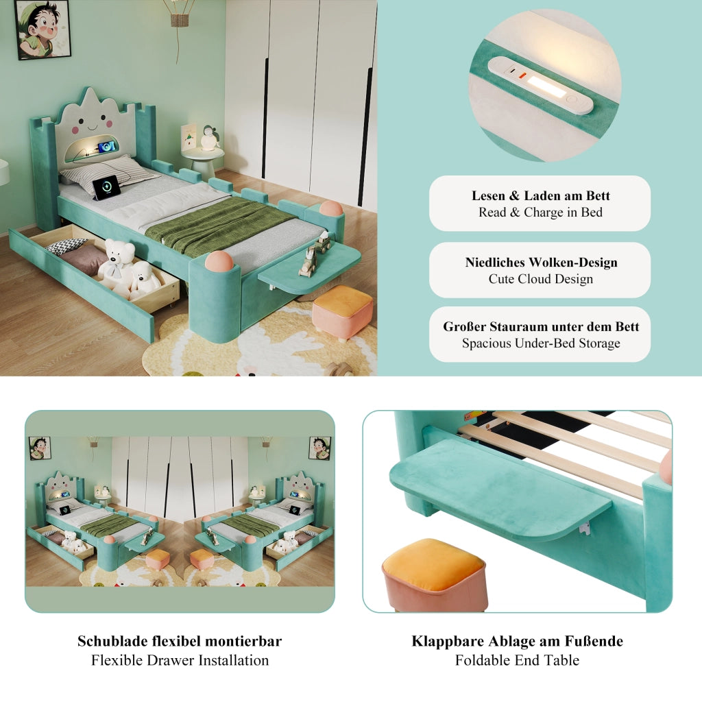 LETTO a nuvola con lampada da lettura e USB 90x200 cm velluto blu/verde
