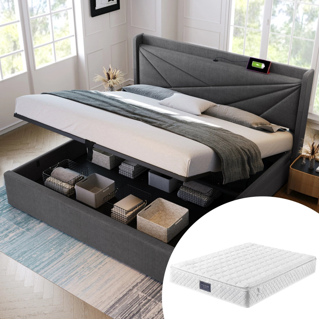 LETTO Contenitore 140x200 cm Grigio Cotone-Lino con USB Type-C