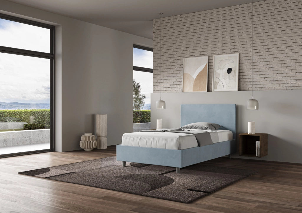 BS COM Letto una piazza e mezza senza rete imbottito 120x190 microfibra azzurro